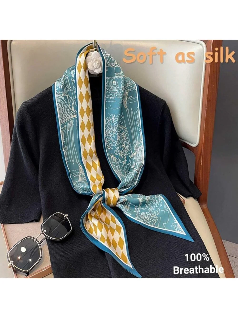 Women's Green Yellow Grid Silky Satin Headscarf Wrap Lightweight Scarves Scarf
